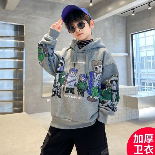 Boys fleece and thickened sweater 2022 autumn and winter new foreign style medium and large children's hooded one-piece fleece winter jacket trendy