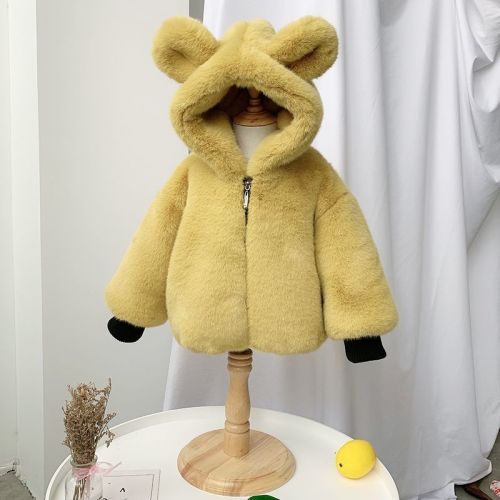 Children's Fur Coat Boys Girls Winter Cute Thickened Baby Bear Ears Baby Plush Coat Cartoon Warm
