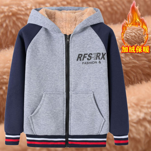 Children's sweater boys autumn and winter pure cotton hooded thickened jacket middle and big children's autumn casual sports tops