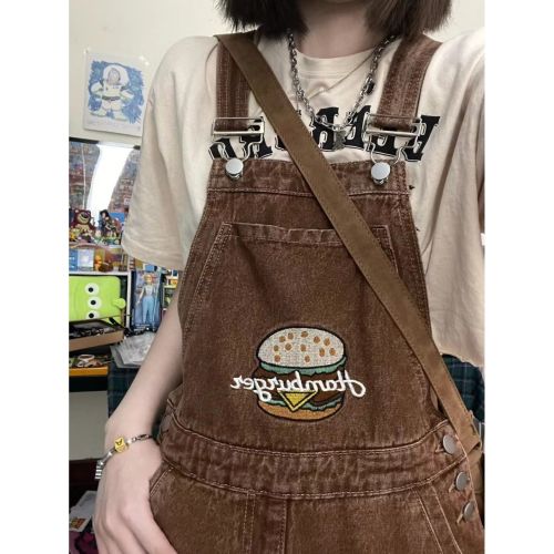 Brown hamburger embroidered overalls women's summer new American style retro loose straight slim denim jumpsuit trousers trendy