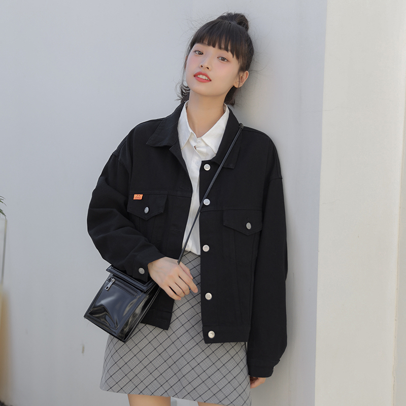 Real shot loose Denim Jacket Women's 2021 autumn new black denim jacket denim jacket