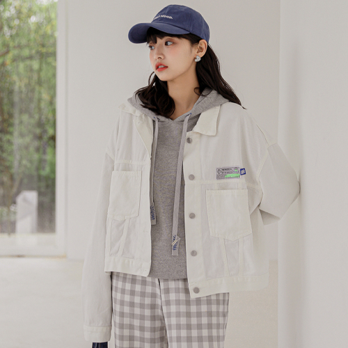 Real shot 2021 autumn Korean loose STICKER WHITE Denim Jacket Women's denim jacket fashion