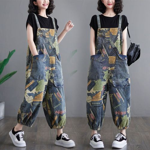Fashion overalls female fat mm thinner 2022 summer thin section painted jeans Korean version of age-reducing wide-leg jumpsuit tide