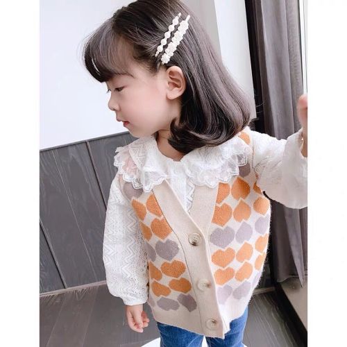 Japanese sweet beauty children's spring and autumn new products 2023 children's love jacquard knitted sweater vest vest trend