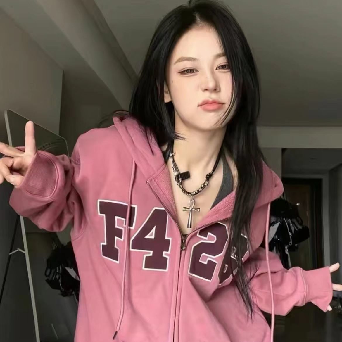 F426 Guochao brand autumn and winter couple hip-hop zipper four-color big LOGO cardigan loose casual jacket men's and women's sweater