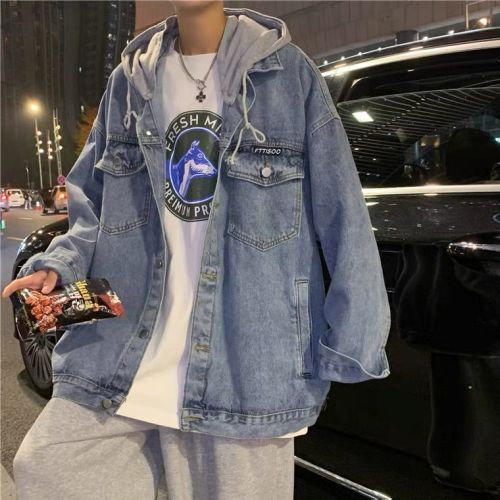 Stitching hooded denim jacket men's spring and autumn national tide function bf wind trend loose casual couple tooling jacket