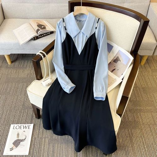 Plus-size women's clothing 2022 autumn new style slim waist temperament long-sleeved fat sister fake two-piece shirt dress