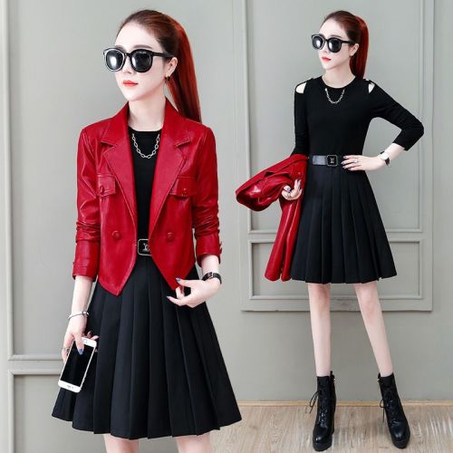 Leather suit women's dress spring and autumn 2022 new fashion western style thin trendy skirt two-piece set