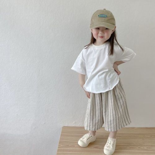 Boys and girls striped nine-point wide-leg pants summer thin section  new baby Japanese arc short-sleeved two-piece suit