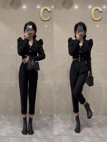 High-end retro French top harem pants two-piece set female autumn 2022 new salt series royal sister fried street suit