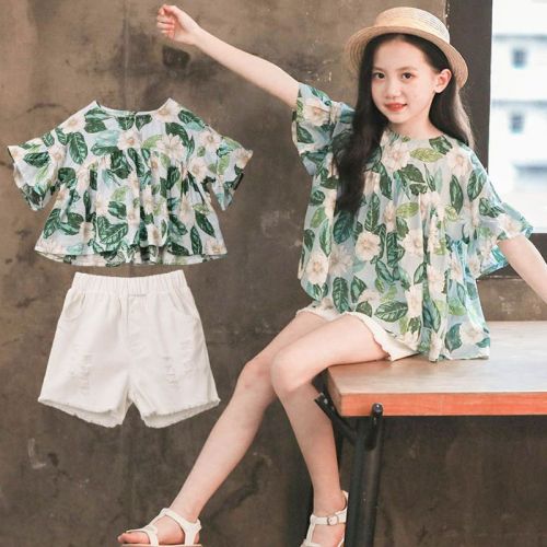 Girls summer suit 2022 new children's foreign style big boy fashionable little girl summer two-piece suit 10 years old 12