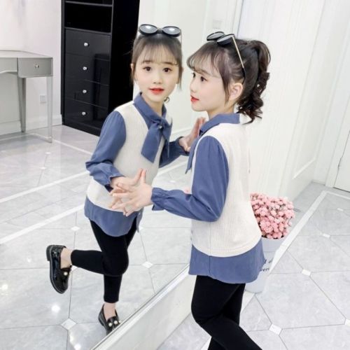 Girls' fake two-piece shirt spring and autumn new trendy children's loose foreign style Korean version of the big boy's long-sleeved shirt