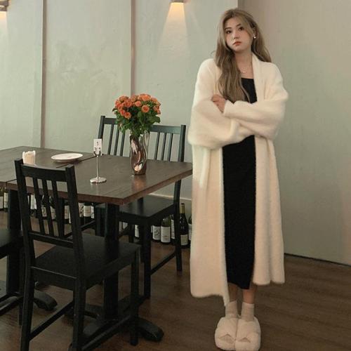 Large size soft waxy knitted cardigan sweater women's autumn and winter lazy wind long coat fat mm suspender dress two-piece set