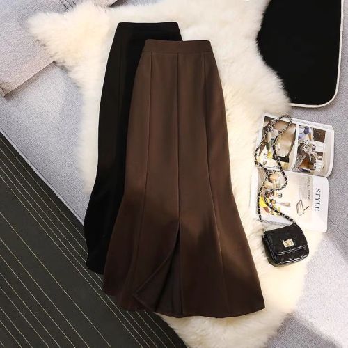 Woolen fishtail skirt slit bag hip skirt autumn and winter 2022 new high waist thin mid-length black skirt