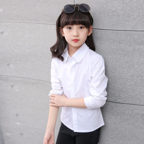 Girls White Shirt Cotton Slim Long-sleeved Shirt Big Boy Korean Style Pointed Collar Round Neck Top