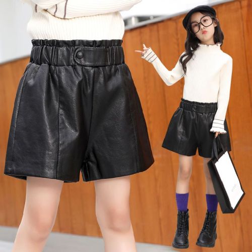 Girls' shorts autumn and winter outer wear 2022 foreign style PU all-match children's leather shorts 2020 new girls' leggings
