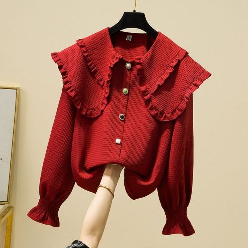 Super fairy sweet and unique design sense niche doll collar top girl fat mm foreign style meat covering temperament shirt solid color
