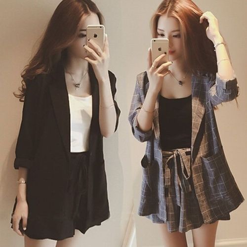 Three-piece small suit thin coat wide-leg shorts fashion suit female summer new student Korean version loose long-sleeved