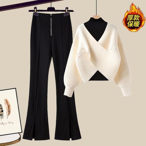 Plus-size women's autumn suit women's  new style small fragrant style age-reducing sweater covering meat wide-leg pants two-piece set [shipping within 7 days]