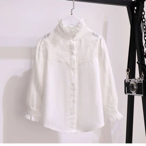 New bottoming shirt girls long-sleeved spring and autumn children's stand-up collar shirt plus velvet warm big children's campus foreign style top
