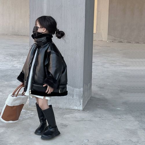 Girls PU leather motorcycle suit fur coat autumn and winter new children's Korean version plus velvet thickened leather jacket