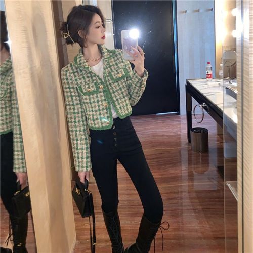 Spring Green Plaid 2022 New Versatile Suit Jacket Women's Thin Section Short Fragrant Style Retro Small Suit