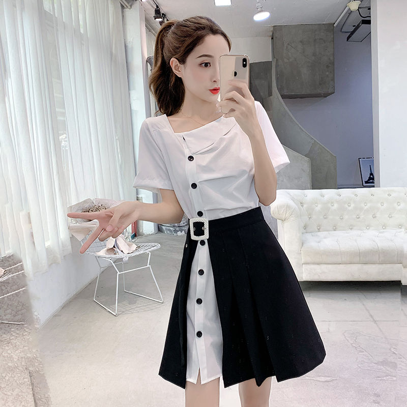Suit women's 2022 new summer dress wrinkled design sense shirt dress + open half-length skirt two-piece set