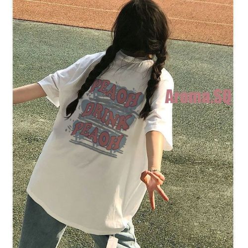 Summer big children's short-sleeved T-shirt Harajuku style loose letters front and rear printing student girls wild bm trend ins