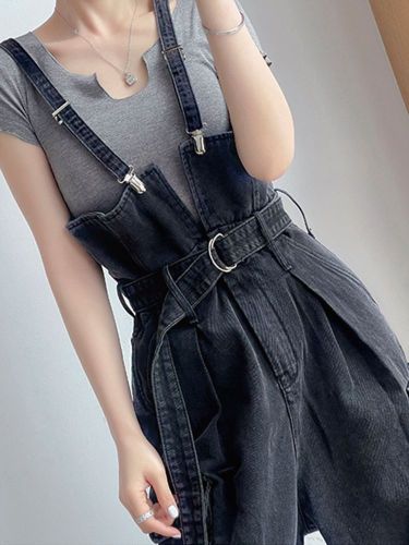 Small high-waisted denim overalls women's loose wide-leg autumn new style small fragrance belt design feeling ins tide