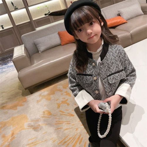 Girls spring and autumn 2022 latest small fragrance jacket houndstooth top children's autumn temperament striped jacket