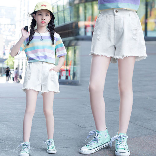 Girls' shorts summer thin section loose pants children's white ripped jeans outerwear medium and big boys and girls summer clothes