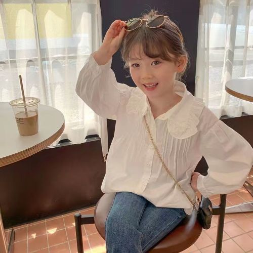 Girls' shirt autumn new doll collar long-sleeved girl's shirt white spring and autumn puff sleeve foreign style top