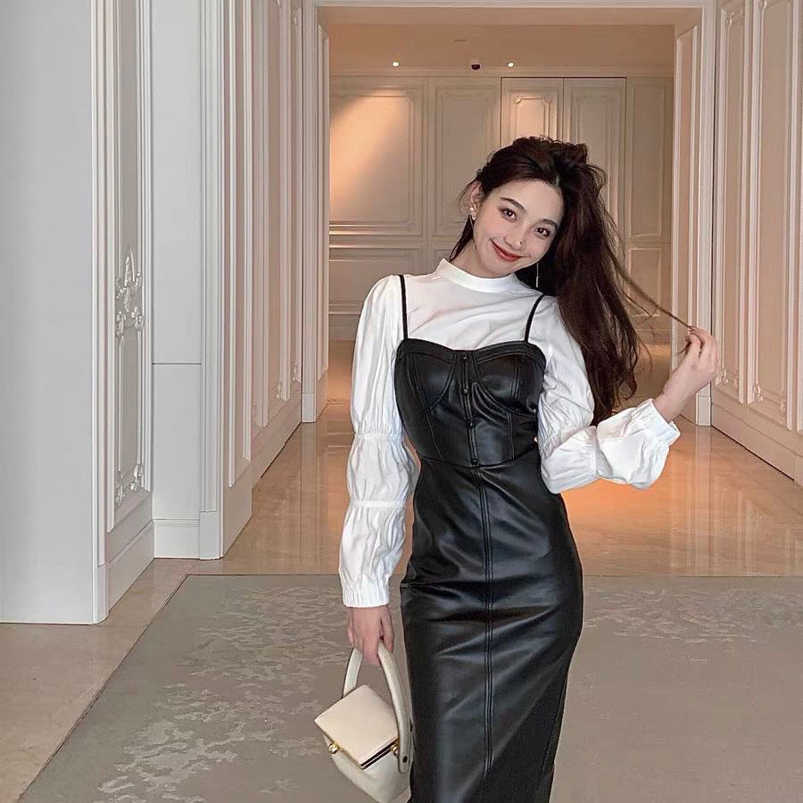 Leftovers CellcHok retro Hong Kong style suspender skirt leather skirt niche chic slim slim early autumn temperament dress