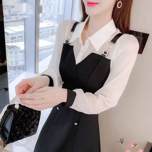 Xiaoxiangfeng Stitching Long-sleeved Sling Fake Two-piece 2022 Early Autumn New Slim Waist Slim Temperament Goddess Fan Little Black Dress 【Delivery within 15 days】