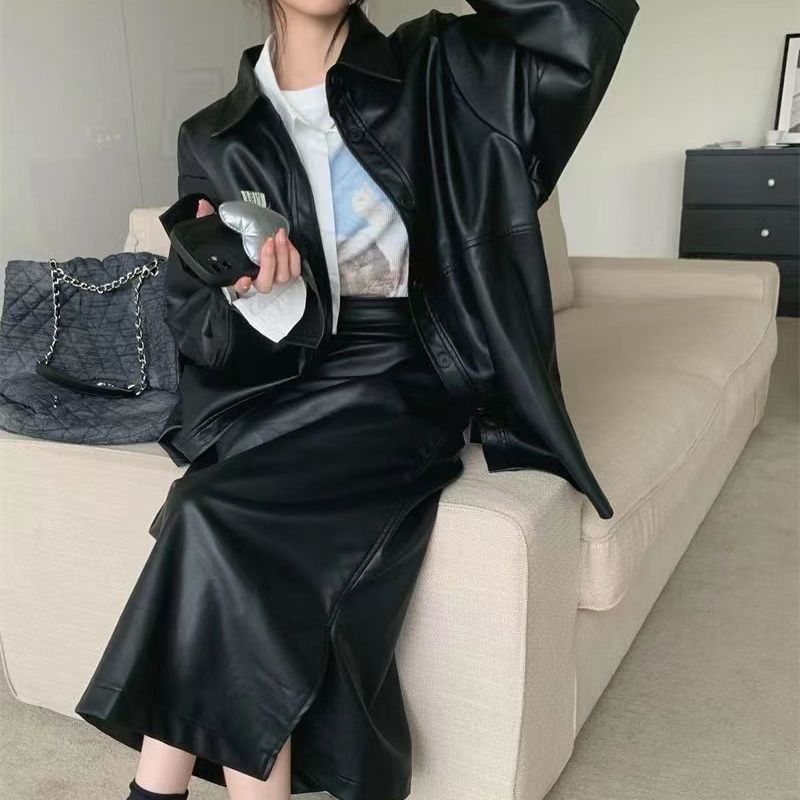 Sweet and cool fried street suit women's autumn motorcycle PU leather jacket coat high waist mid-length skirt two-piece set [shipping within 15 days]
