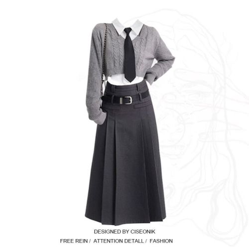 Plus size women's fat mm college wind suit autumn gray sweater + tie shirt + skirt three-piece set