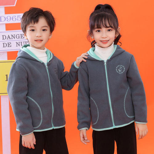 Children's double-sided grain fleece jacket boys and girls warm hooded cardigan fleece sweater spring and autumn style overcoat trend