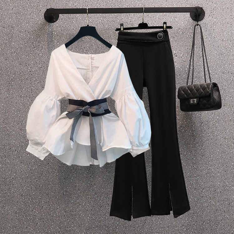 Plus-size women's clothing 200 catties fat sister autumn suit female retro V-neck shirt black thin long trousers two-piece set [delivery within 7 days]