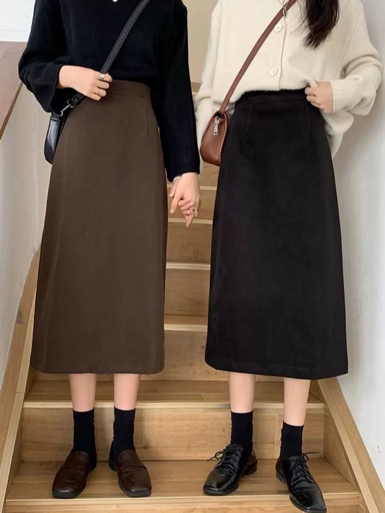 Autumn and winter 2022 new women's woolen black mid-length high waist A-line bag hip slit slim plus size skirt
