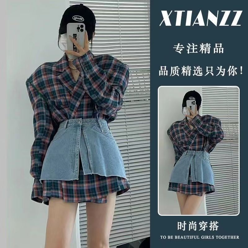 2022 early autumn high-end Hong Kong-style retro chic fashion fried street plaid shirt playful and lively two-piece suit