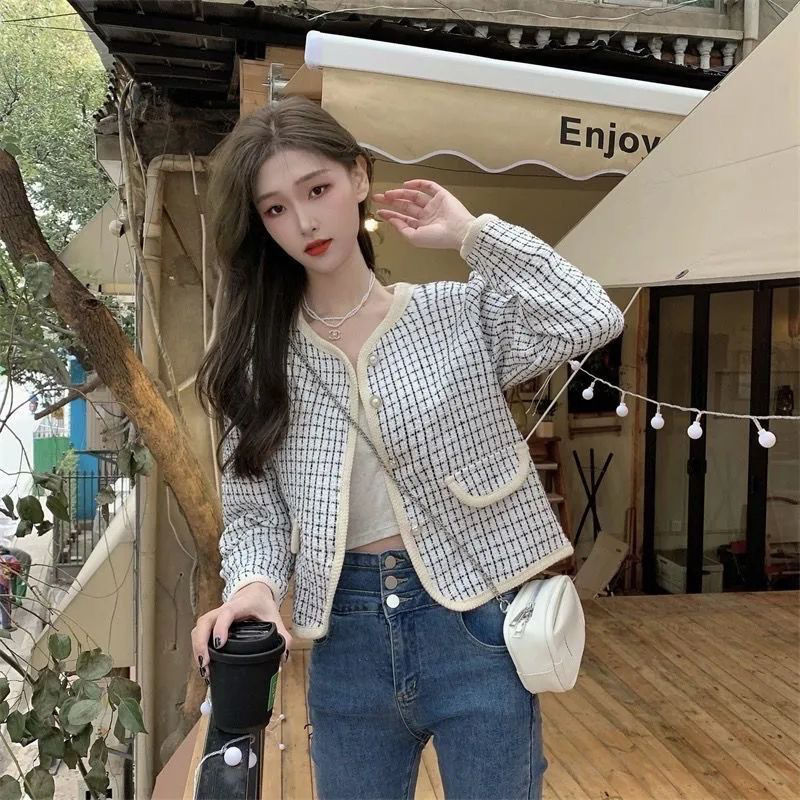Autumn small fragrance jacket women 2023 new V-neck short houndstooth ins super popular popular long-sleeved top trend