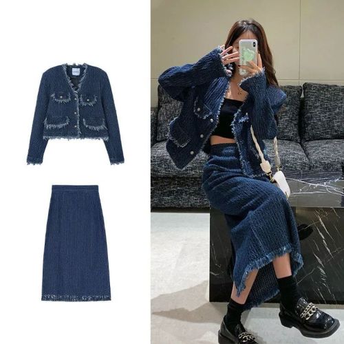 High-end small fragrance suit women's summer 2022 new design sense raw edge coat skirt fashion two-piece suit