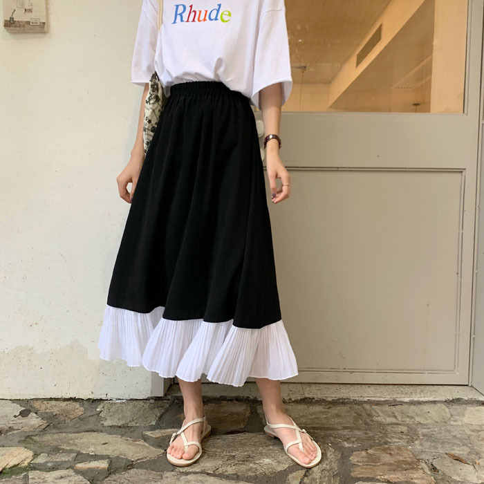 Actual real price~2023 Korean version loose high waist thin pleated skirt women's mid-length A-line skirt splicing skirt