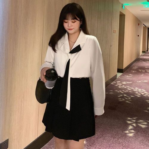 Plus-size women's fat mm foreign style white shirt long-sleeved skirt suit autumn 2021 new student two-piece suit