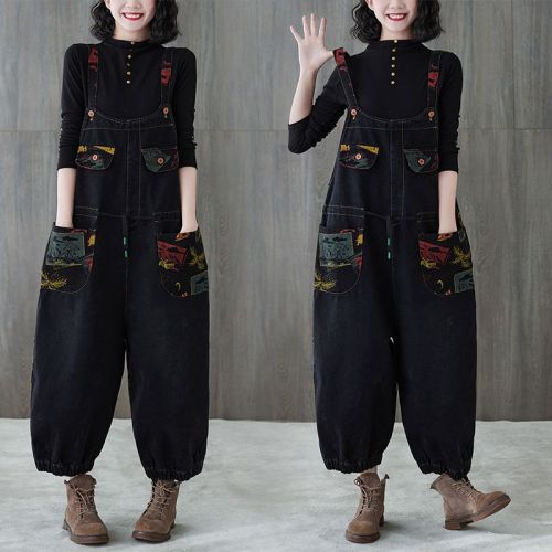 Age-reducing denim printed overalls women's 2023 spring and autumn new high-waist slim suspender jumpsuit wide-leg cropped pants