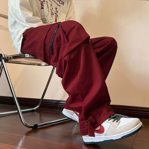 Wine red overalls men's autumn pure cotton American tide brand casual pants ins trend loose straight wide leg pants