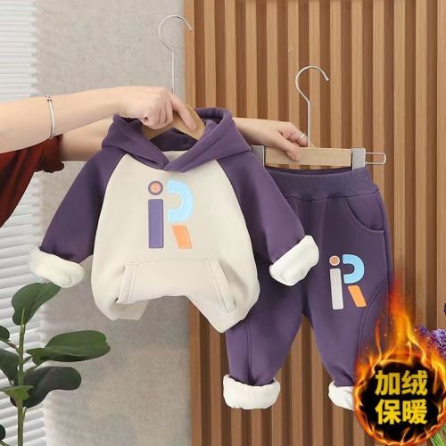 Boys and girls suits winter new style foreign style baby girl hooded sweater sweatpants plus fleece boy trendy two-piece suit