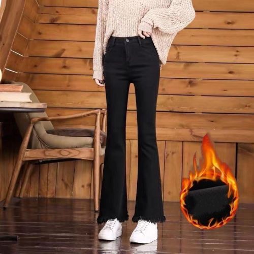 Black flared trousers women's autumn and winter  new thickened and velvet high waist slimming loose tassel nine-point pants