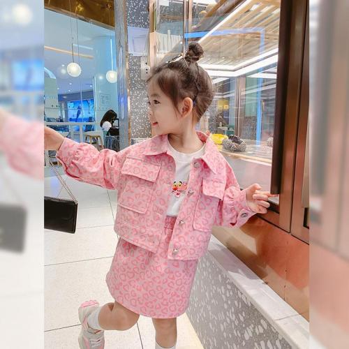 Girls autumn three-piece suit 2021 new pink leopard Korean style jacket denim jacket children's children's clothing skirt suit