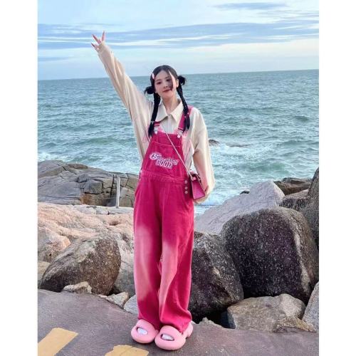 American style rose red denim overalls women's summer thin section retro high street design sense embroidery niche straight jumpsuit